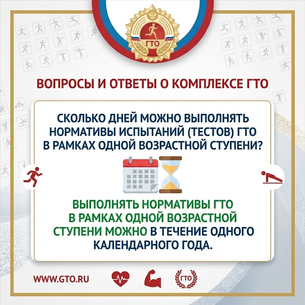 📌 Сколько дней можно выполнять нормативы испытаний (тестов) ГТО в рамках одной возрастной ступени?